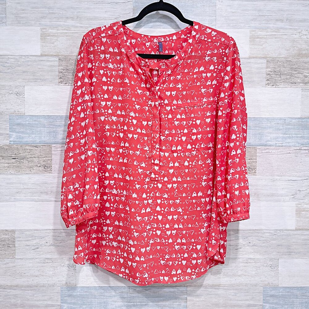 NYDJ Heart Print Henley Popover Blouse Red Womens XL